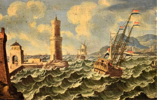 Stormy marine with galleons on the coasts